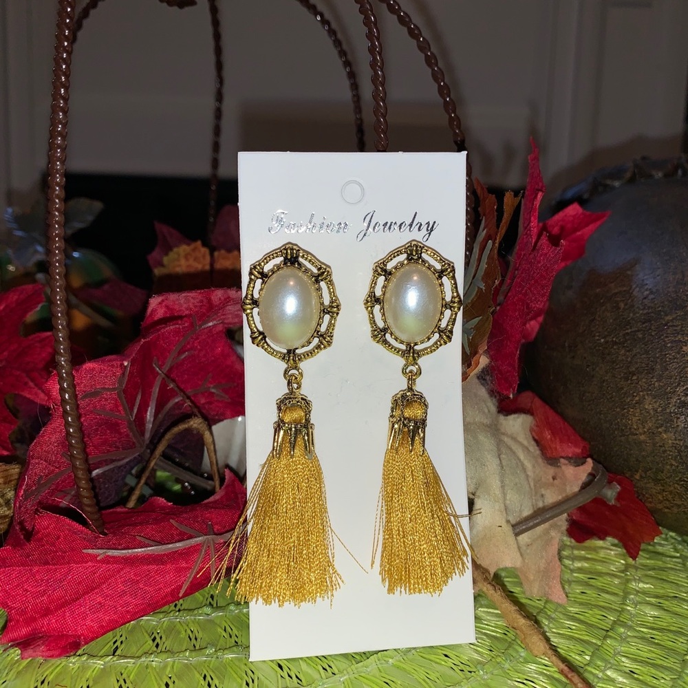 Mustard color and pearl tassel earrings